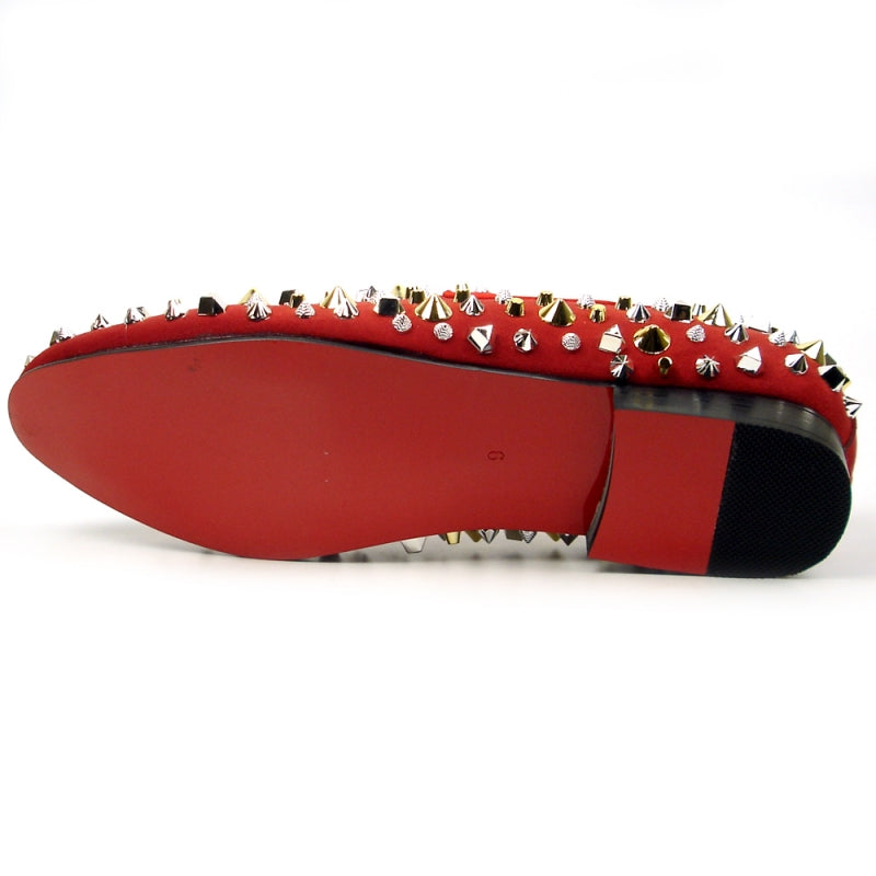 Fiesso FI-7436 Red Suede Silver/Gold Spikes Loafers