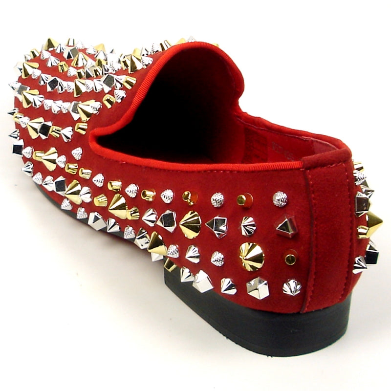 Fiesso FI-7436 Red Suede Silver/Gold Spikes Loafers