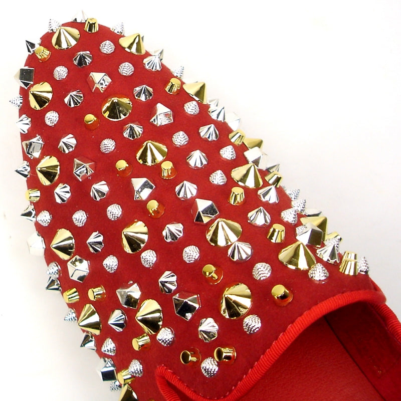 Fiesso FI-7436 Red Suede Silver/Gold Spikes Loafers