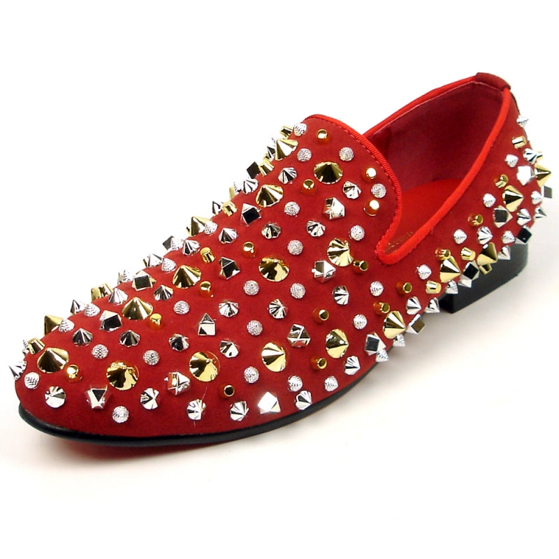 Fiesso FI-7436 Red Suede Silver/Gold Spikes Loafers