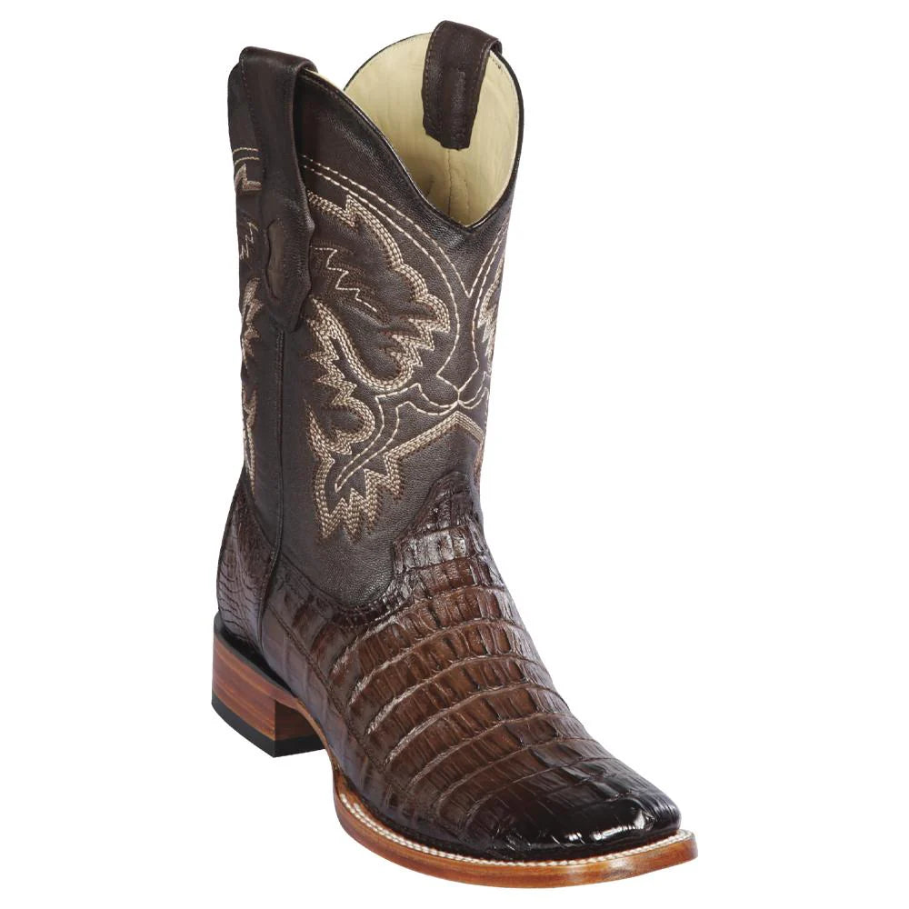 Los Altos 8220116 Men's Faded Brown Genuine Caiman Tail Wide Square Toe Cowboy Boots