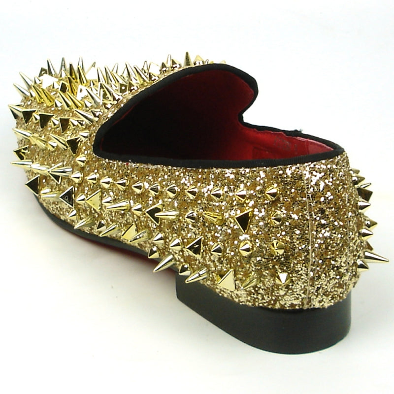 Fiesso FI-7239 Gold Glitter Gold Spikes Loafers