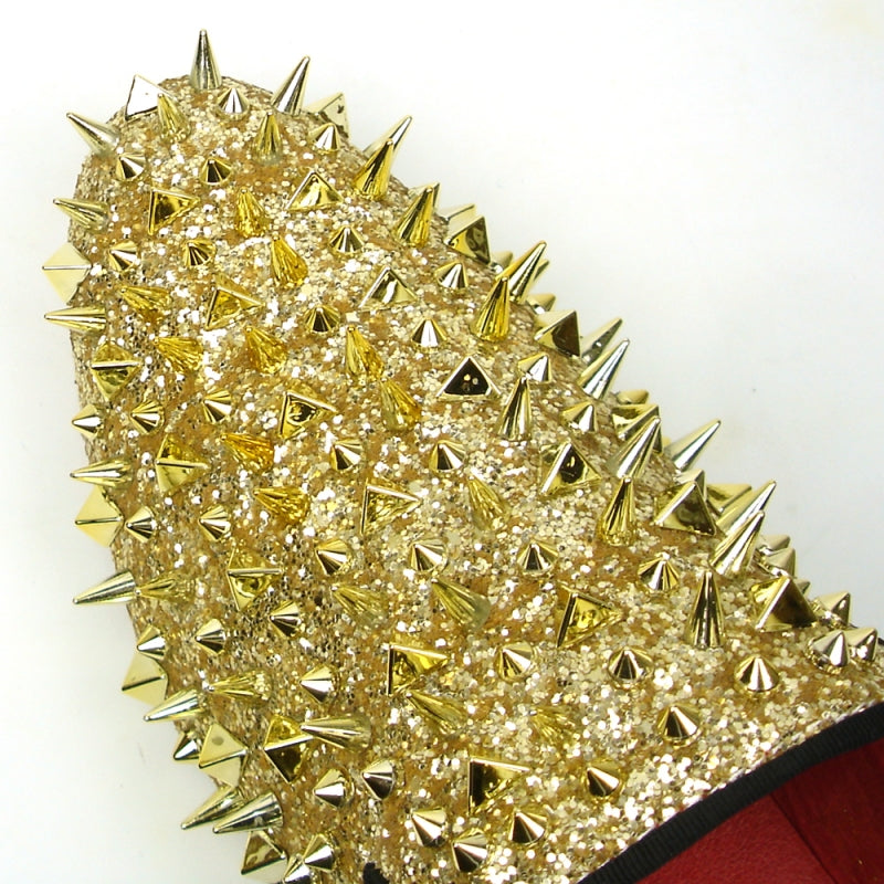 Fiesso FI-7239 Gold Glitter Gold Spikes Loafers