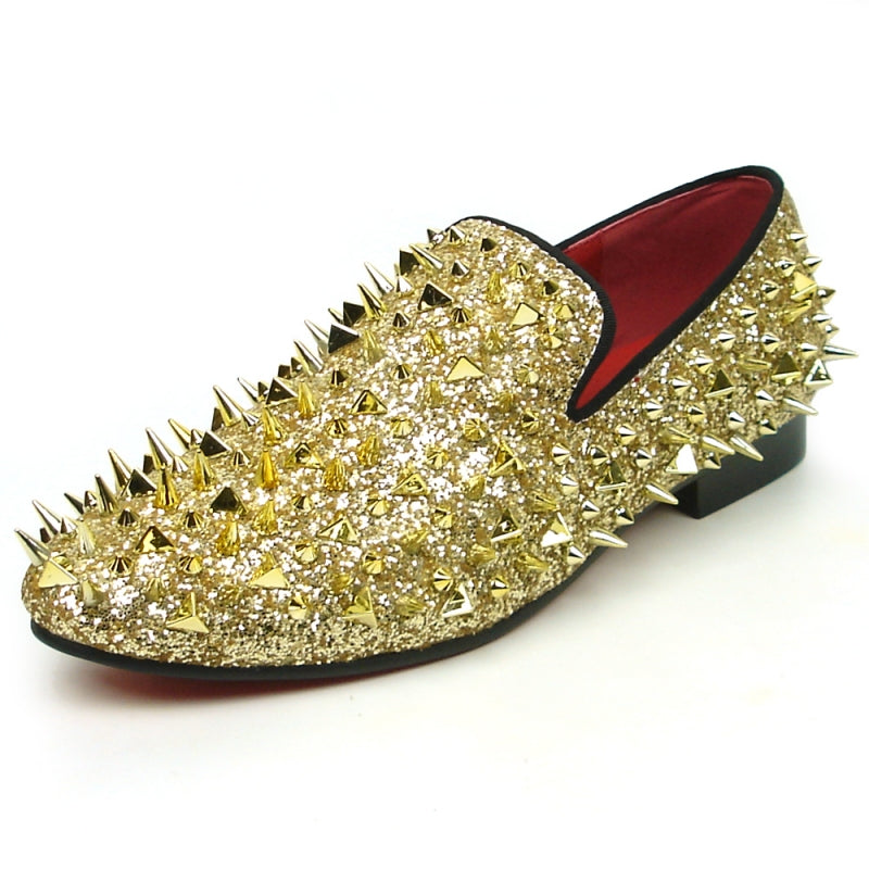 Fiesso FI-7239 Gold Glitter Gold Spikes Loafers