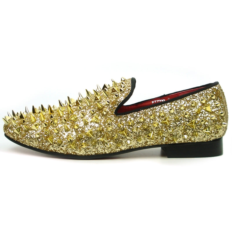 Fiesso FI-7239 Gold Glitter Gold Spikes Loafers