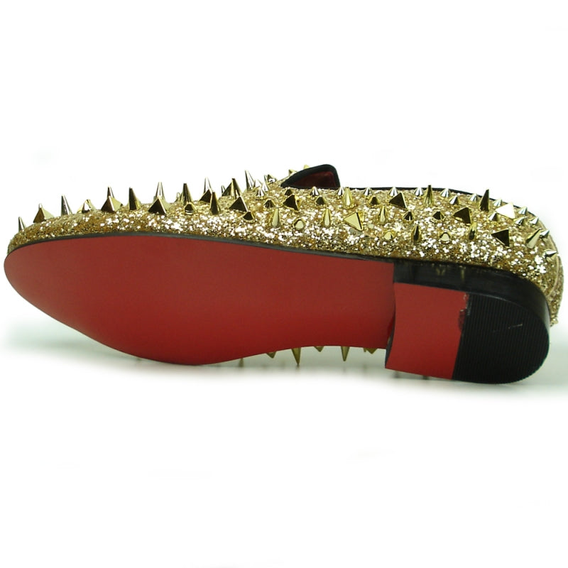 Fiesso FI-7239 Gold Glitter Gold Spikes Loafers