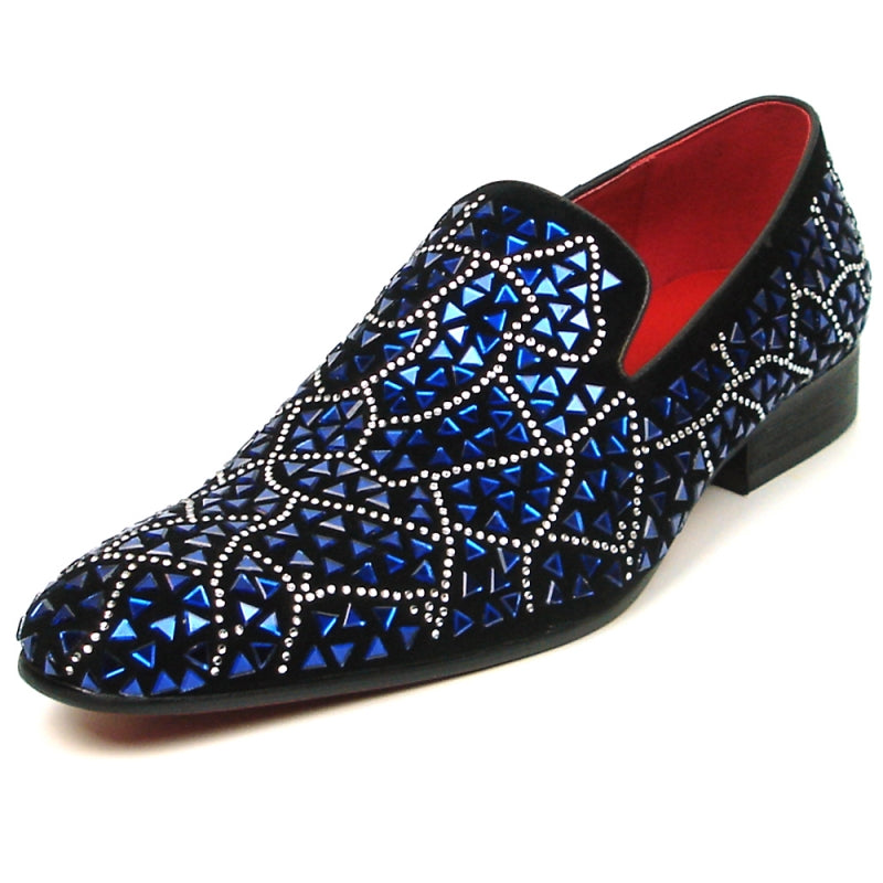 Fiesso FI-7415 Black Suede Blue Stone Loafers