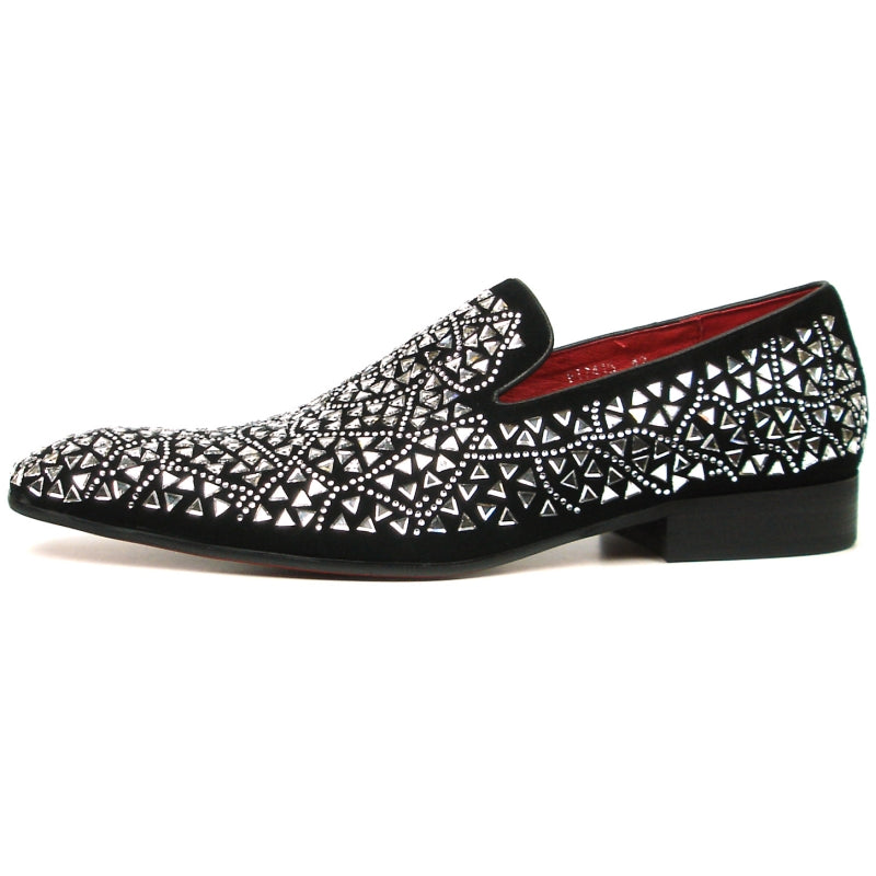 Fiesso FI-7415 Black Suede Silver Stone Loafers