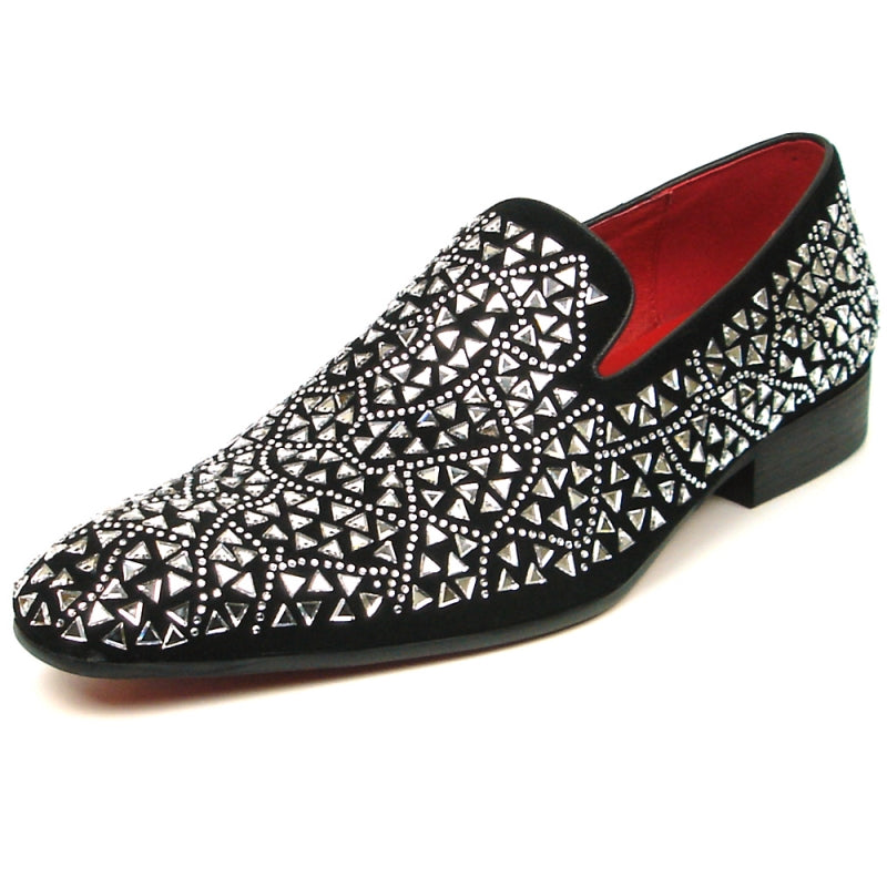 Fiesso FI-7415 Black Suede Silver Stone Loafers