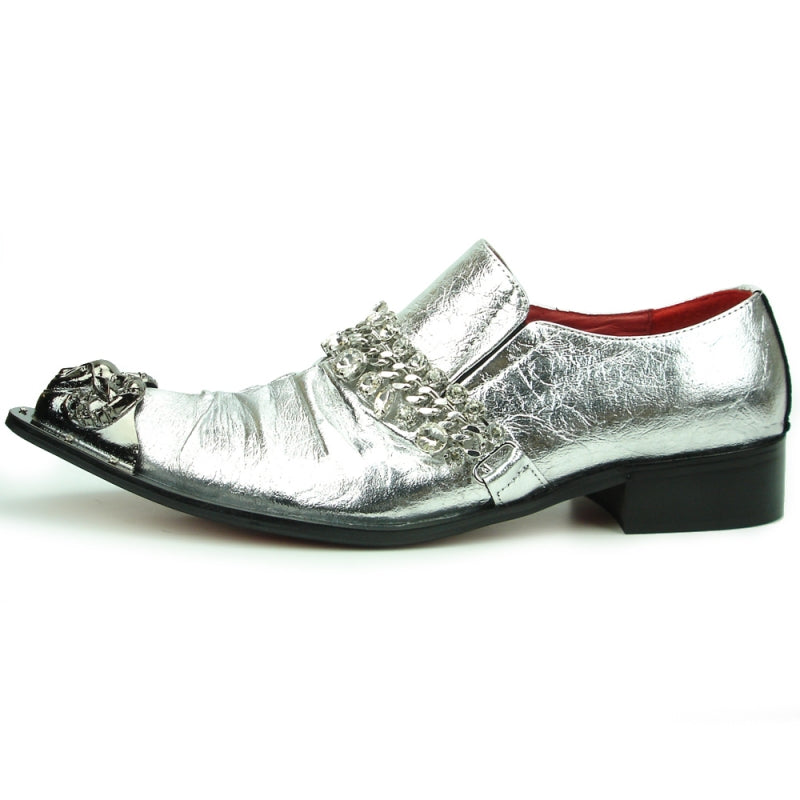 Fiesso FI-7460 Silver Leather Metal Tip Loafers