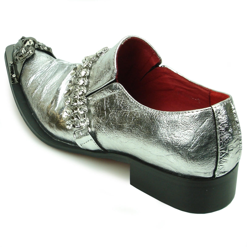 Fiesso FI-7460 Silver Leather Metal Tip Loafers