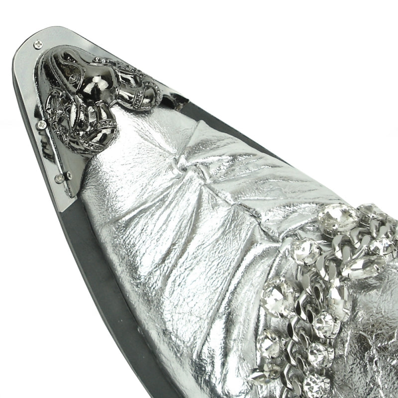 Fiesso FI-7460 Silver Leather Metal Tip Loafers