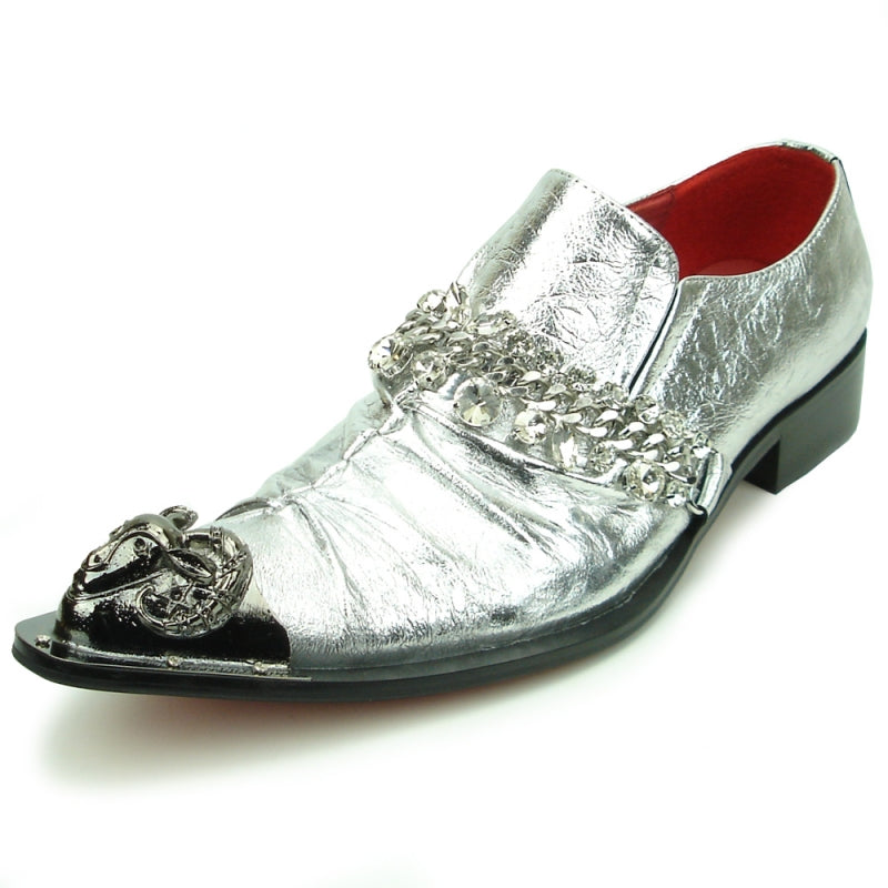 Fiesso FI-7460 Silver Leather Metal Tip Loafers