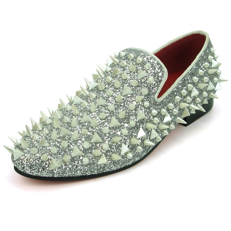 Fiesso FI-7239 Silver Glitter White Spikes Loafers