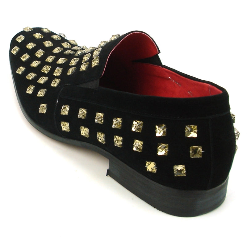 Fiesso FI-7487 Black Suede Gold Diamonds Loafers