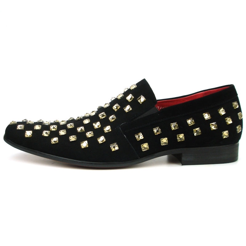 Fiesso FI-7487 Black Suede Gold Diamonds Loafers