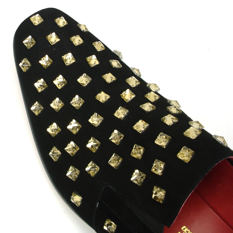 Fiesso FI-7487 Black Suede Gold Diamonds Loafers