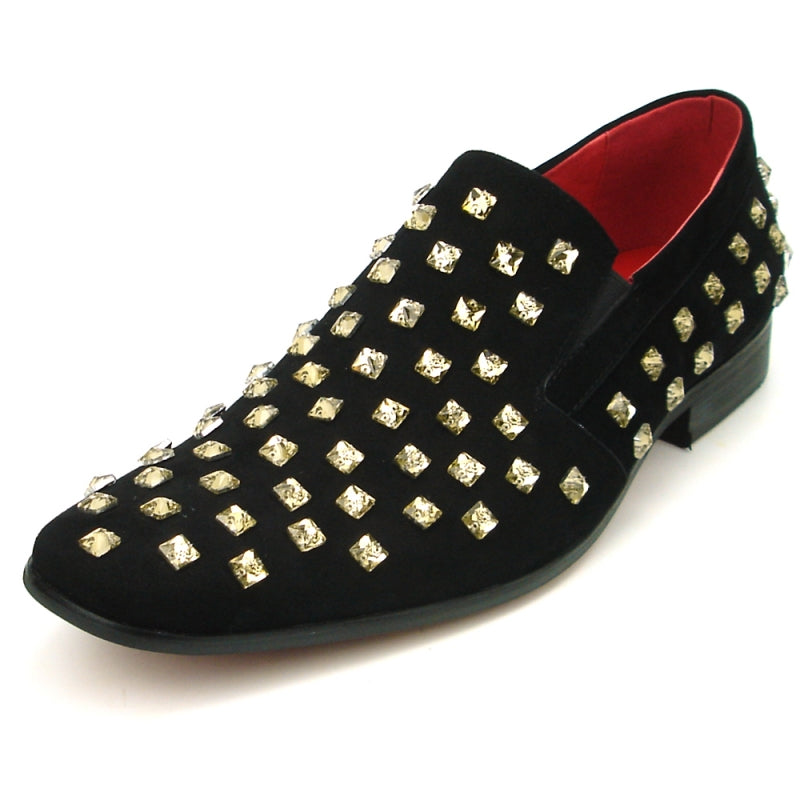 Fiesso FI-7487 Black Suede Gold Diamonds Loafers