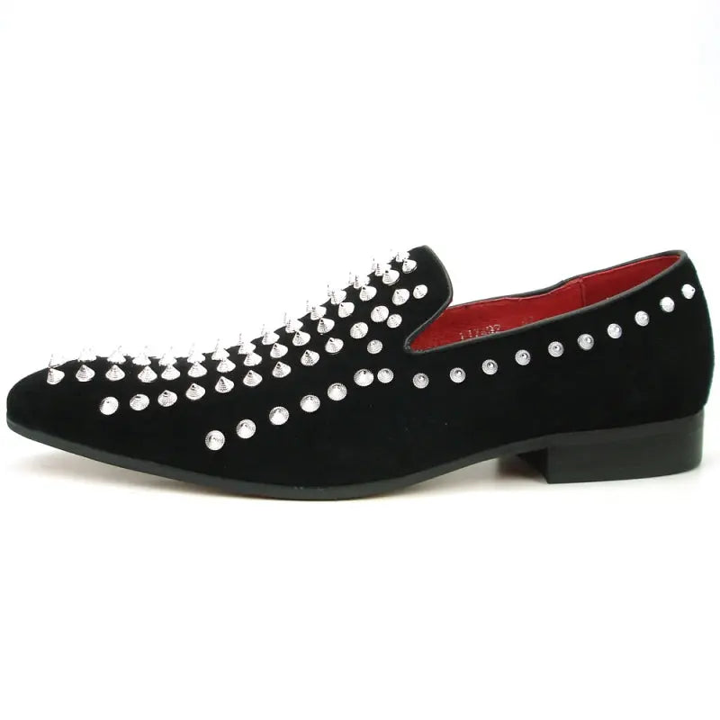 Fiesso FI-7492 Black Suede Silver Spikes Loafers
