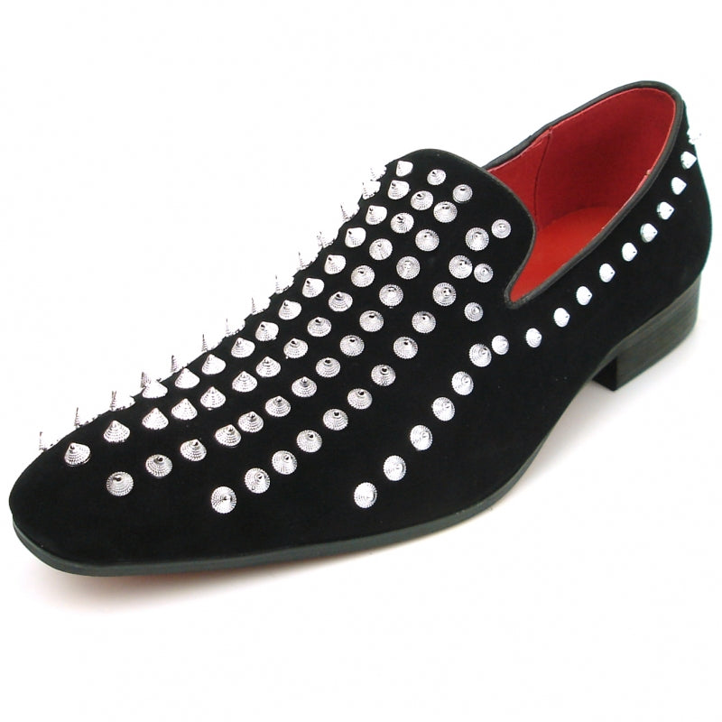 Fiesso FI-7492 Black Suede Silver Spikes Loafers