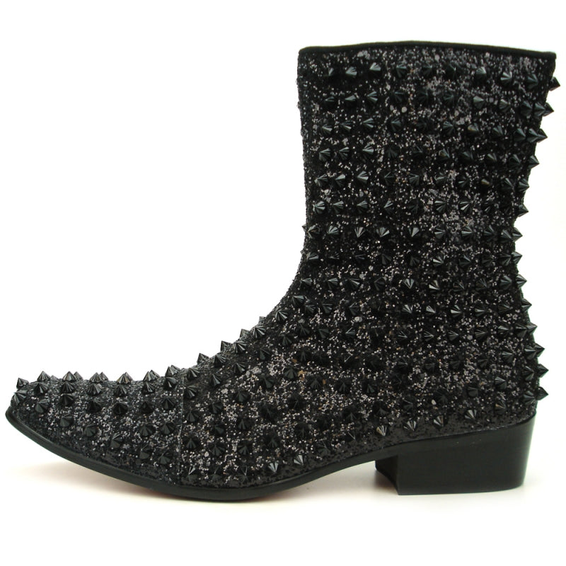 Fiesso FI-7504 Black Glitter Black Spikes Boots