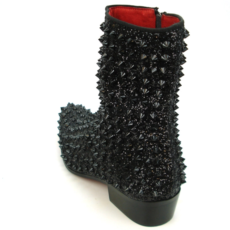 Fiesso FI-7504 Black Glitter Black Spikes Boots