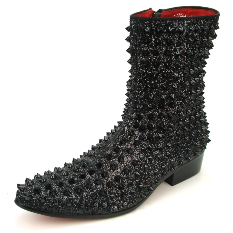 Fiesso FI-7504 Black Glitter Black Spikes Boots