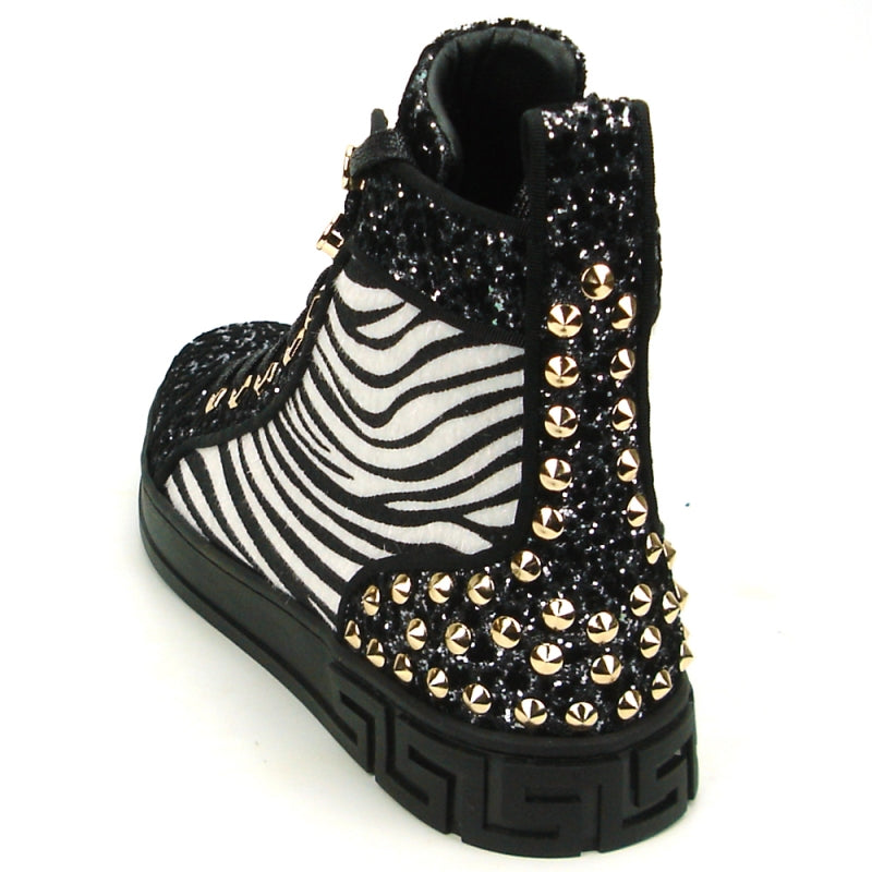 Fiesso FI-2347 Black-Zebra Black Sole High Top Encore Sneakers