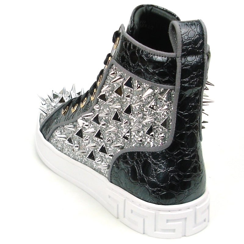 Fiesso FI-2369 Black Silver Spikes High Top Sneakers