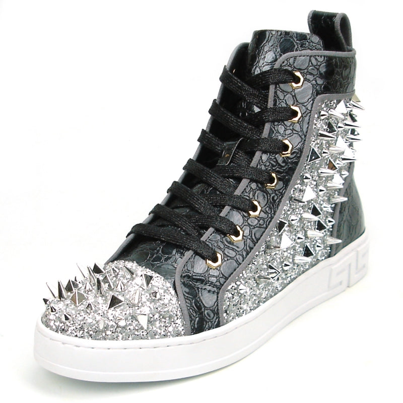 Fiesso FI-2369 Black Silver Spikes High Top Sneakers