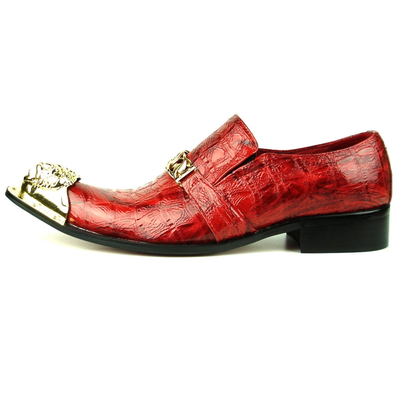 Fiesso FI-7513 Red Leather Gold Metal Tip Loafers