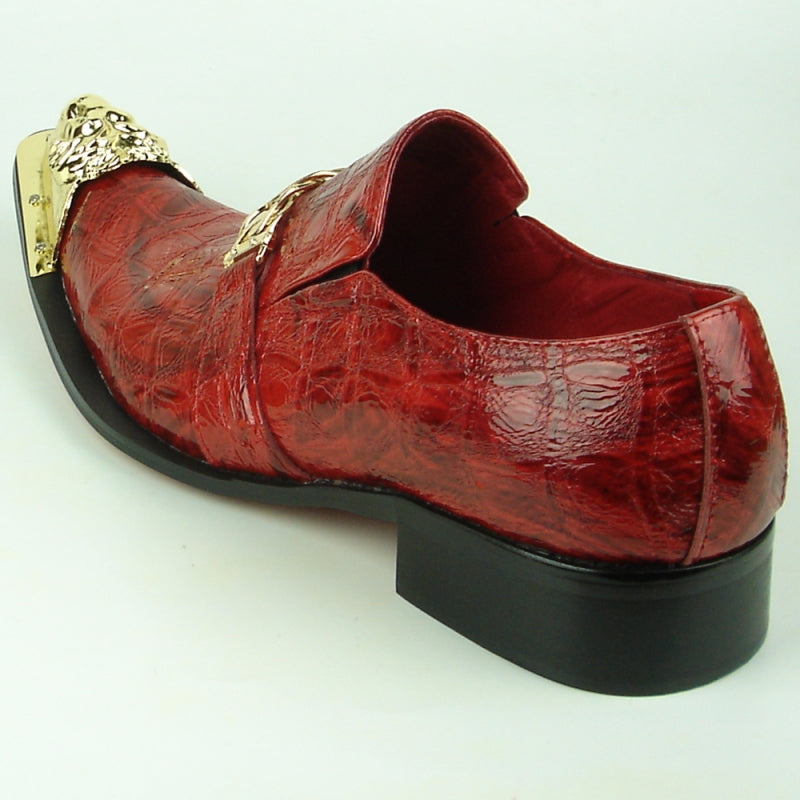 Fiesso FI-7513 Red Leather Gold Metal Tip Loafers