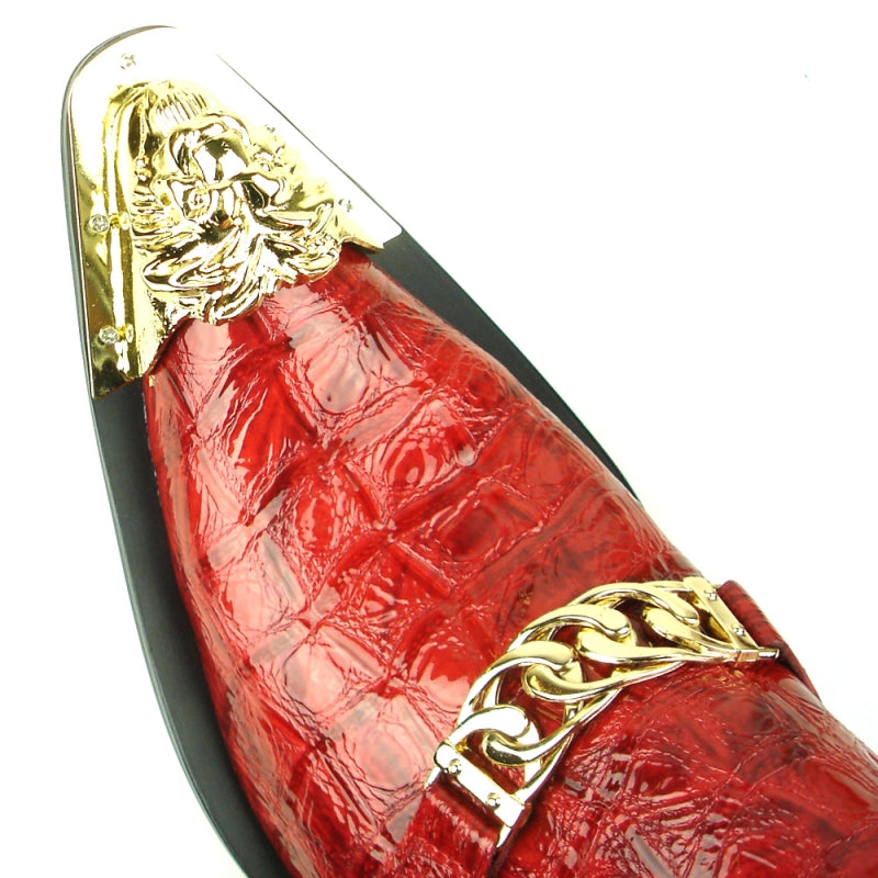 Fiesso FI-7513 Red Leather Gold Metal Tip Loafers