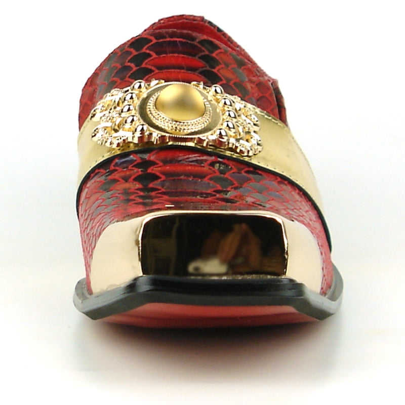 Fiesso FI-7512 Red Sneake Print Metal Tip Loafers