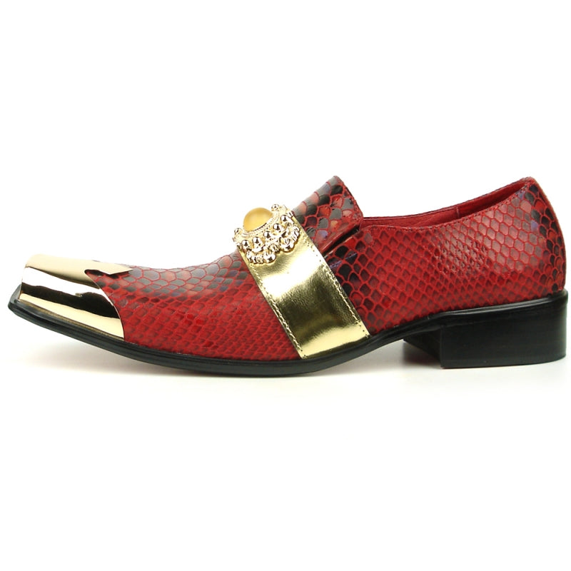 Fiesso FI-7512 Red Sneake Print Metal Tip Loafers