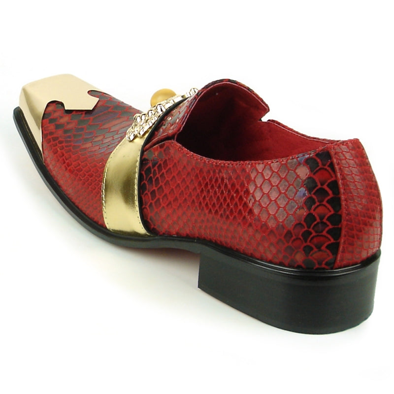 Fiesso FI-7512 Red Sneake Print Metal Tip Loafers