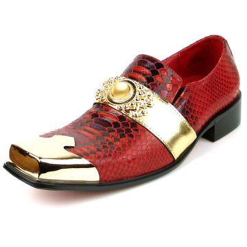 Fiesso FI-7512 Red Sneake Print Metal Tip Loafers