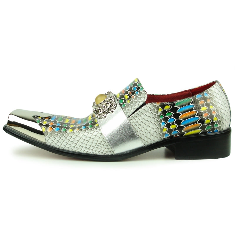 Fiesso FI-7512 White Multi color Sneake Print Metal Tip Loafers