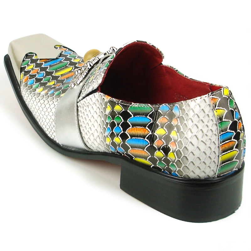 Fiesso FI-7512 White Multi color Sneake Print Metal Tip Loafers