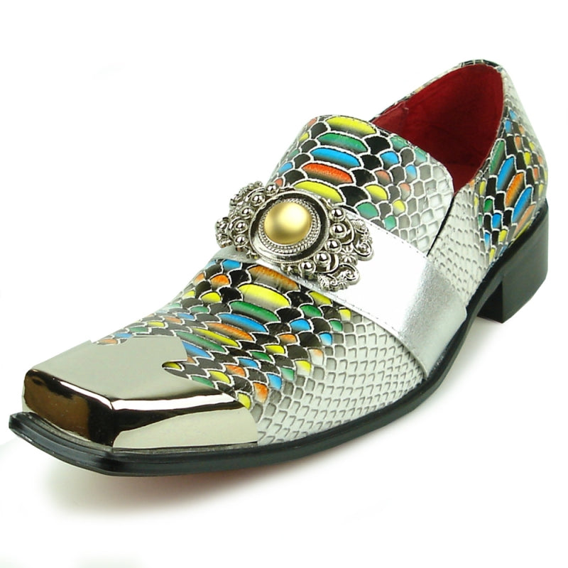 Fiesso FI-7512 White Multi color Sneake Print Metal Tip Loafers