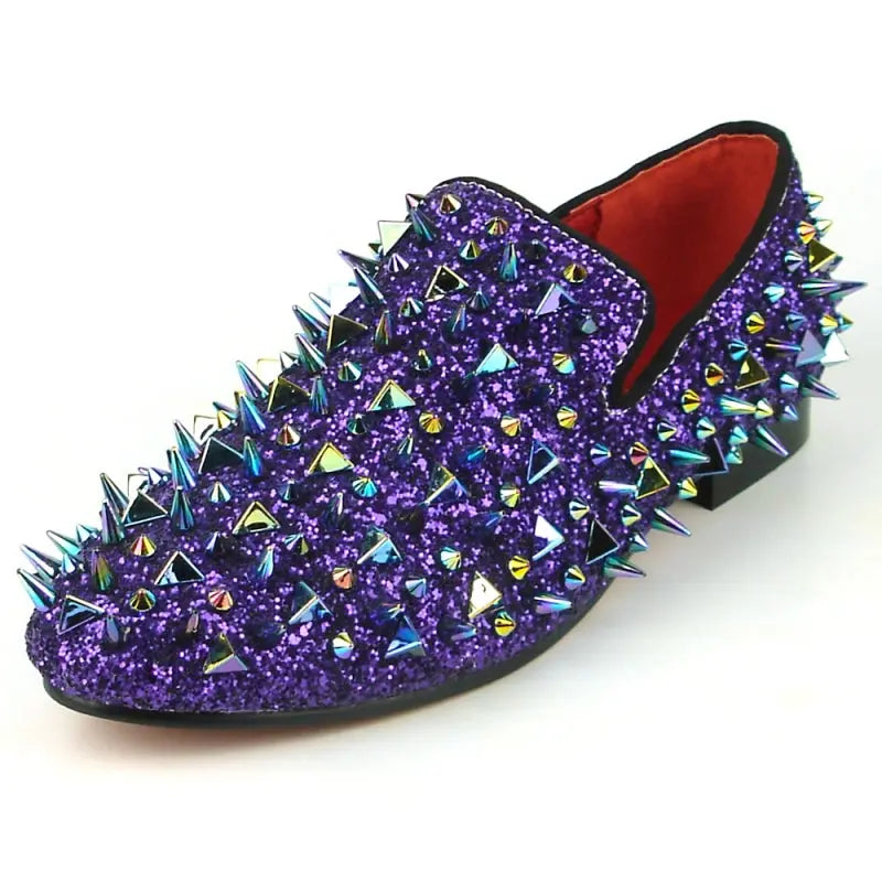 Fiesso FI-7239 Purple Glitter Purple Spikes Loafers