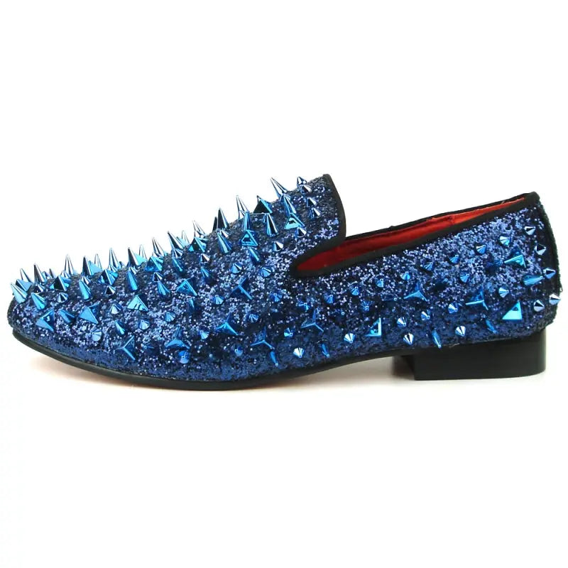 Fiesso FI-7239 Blue Glitter Blue Spikes Loafers
