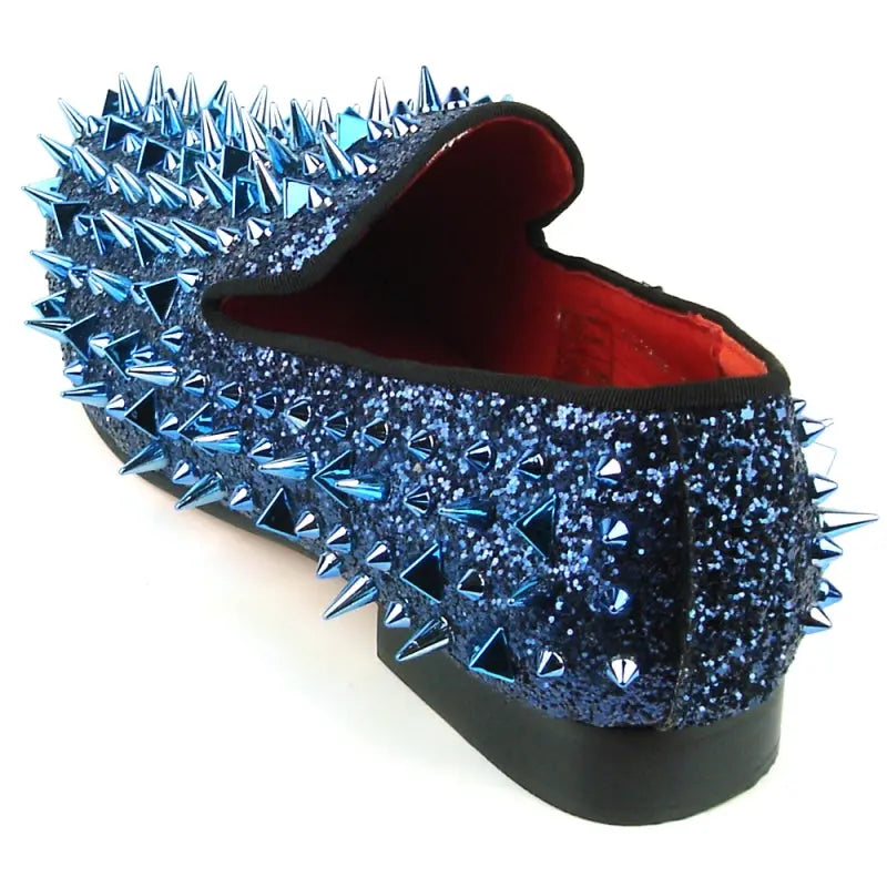 Fiesso FI-7239 Blue Glitter Blue Spikes Loafers