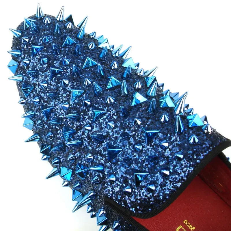 Fiesso FI-7239 Blue Glitter Blue Spikes Loafers