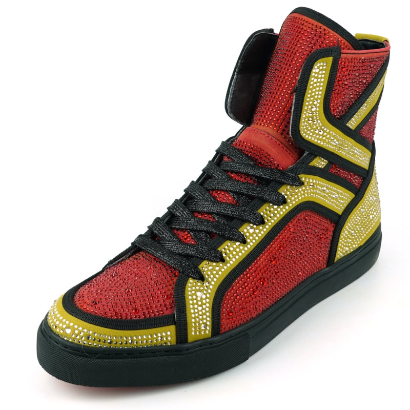 Fiesso FI-2402 Red Gold Rhinestones High Top Sneakers