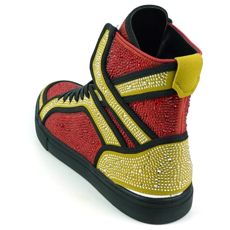 Fiesso FI-2402 Red Gold Rhinestones High Top Sneakers