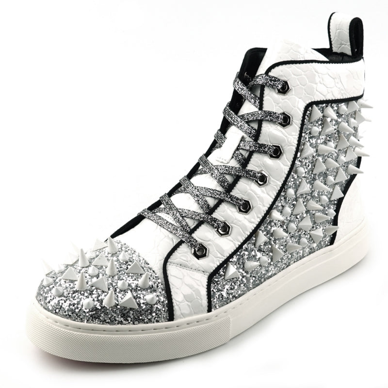 Fiesso FI-2369 White Spikes High Top Sneakers