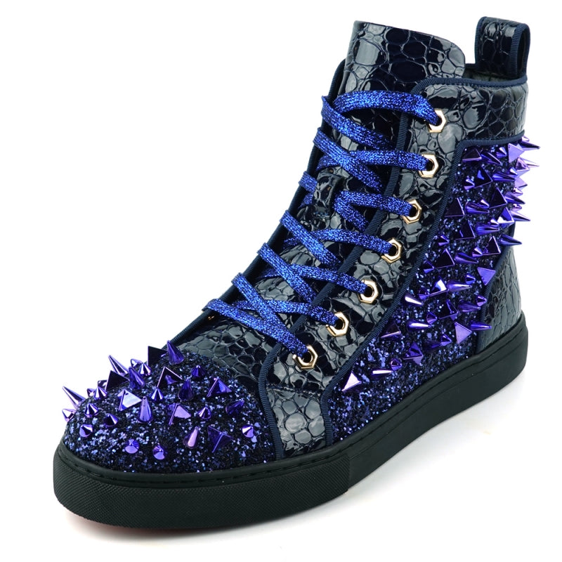 Fiesso FI-2369 Navy Spikes High Top Sneakers