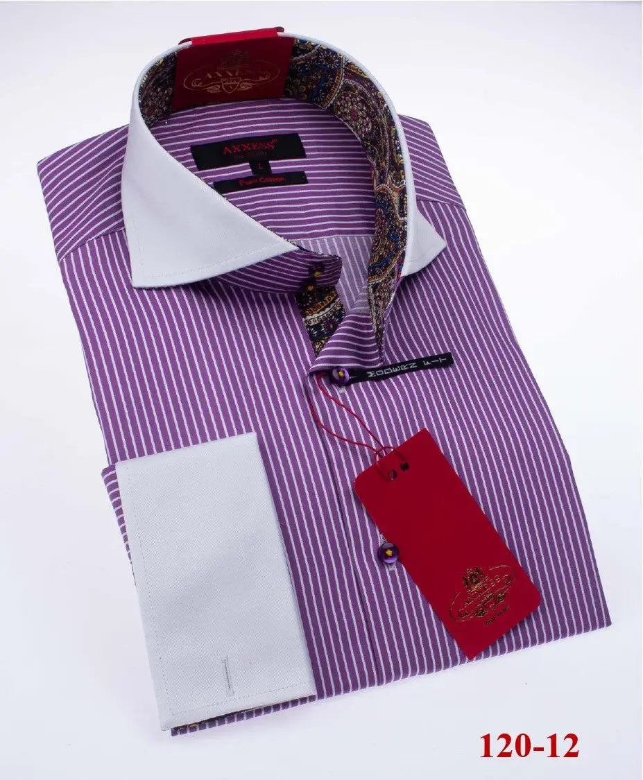 Axxess 120-12 Purple/White Pinstripes Cotton Casual Dress Shirt