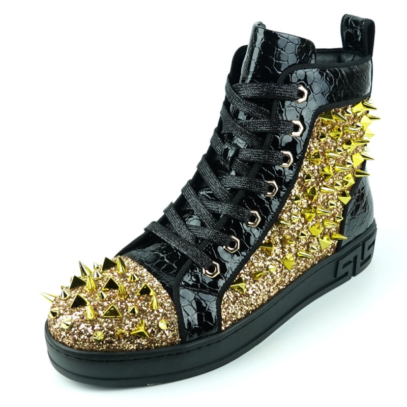 Fiesso FI-2369 Black Gold Spikes High Top Sneakers